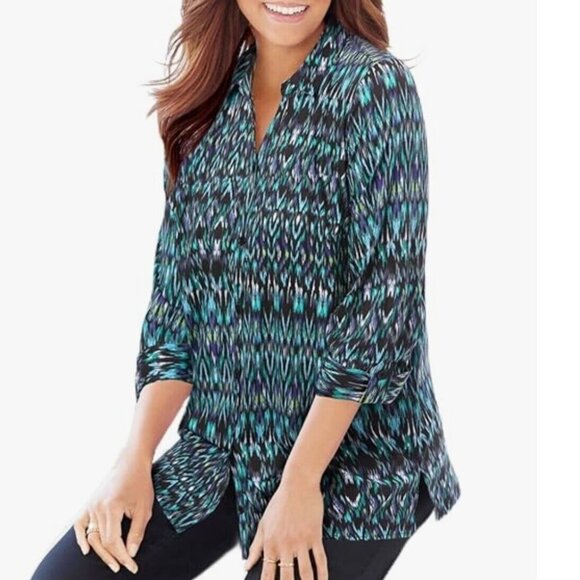 Catherines Shirt Womens 2X Plus Button Up Cuffed Sleeve Green Blue Geometric Top - Picture 1 of 9